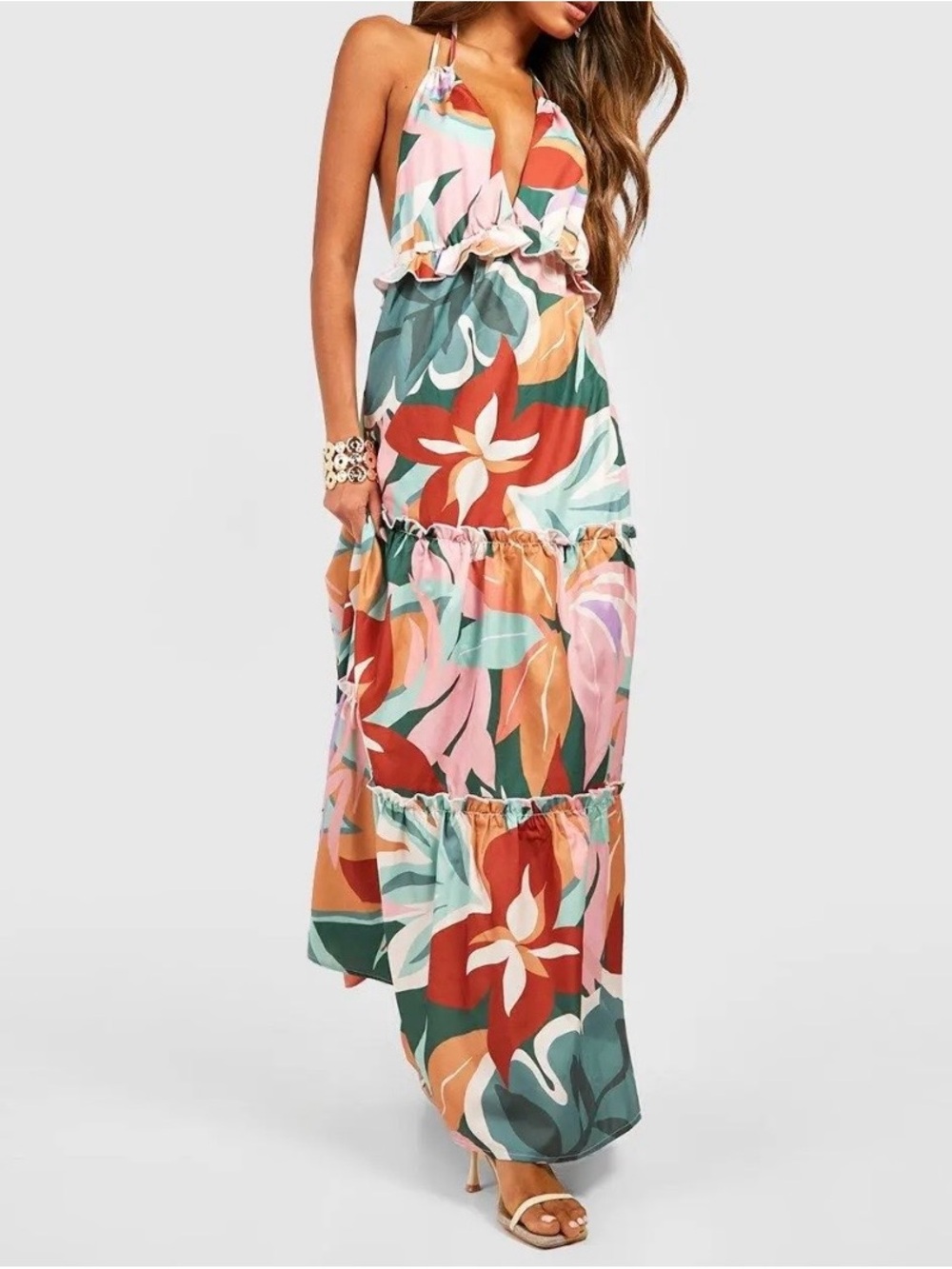 Tropical Print Halter Maxi Dress in Coral & Teal